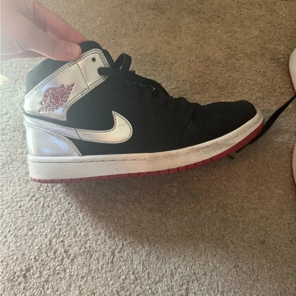 Jordan 1 Mid Black with Silver and Red Accents - Picture 3 of 6